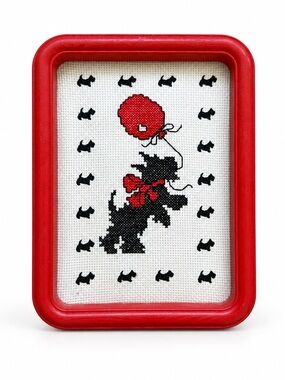 Scottie Dog Cross Stitch Framed Art, Red Balloon Scottish Terrier Wall Decor 6x8